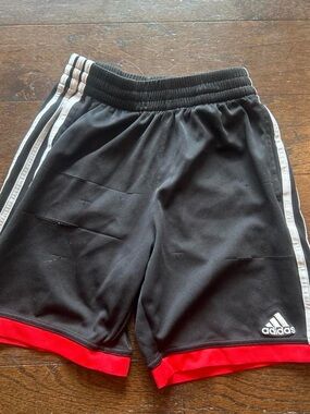 adidas Black Shorts with White Stripes and Red Hem